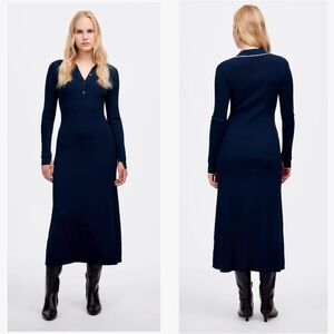 NWT Madewell Ribbed Long-Sleeve Midi Dress, Navy w/ White Tipping, Stretchy, XXS